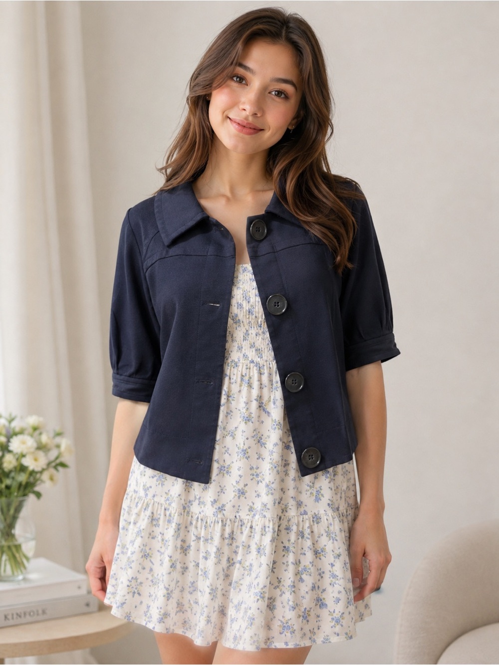 Theory Navy Short-Sleeve Button Blazer